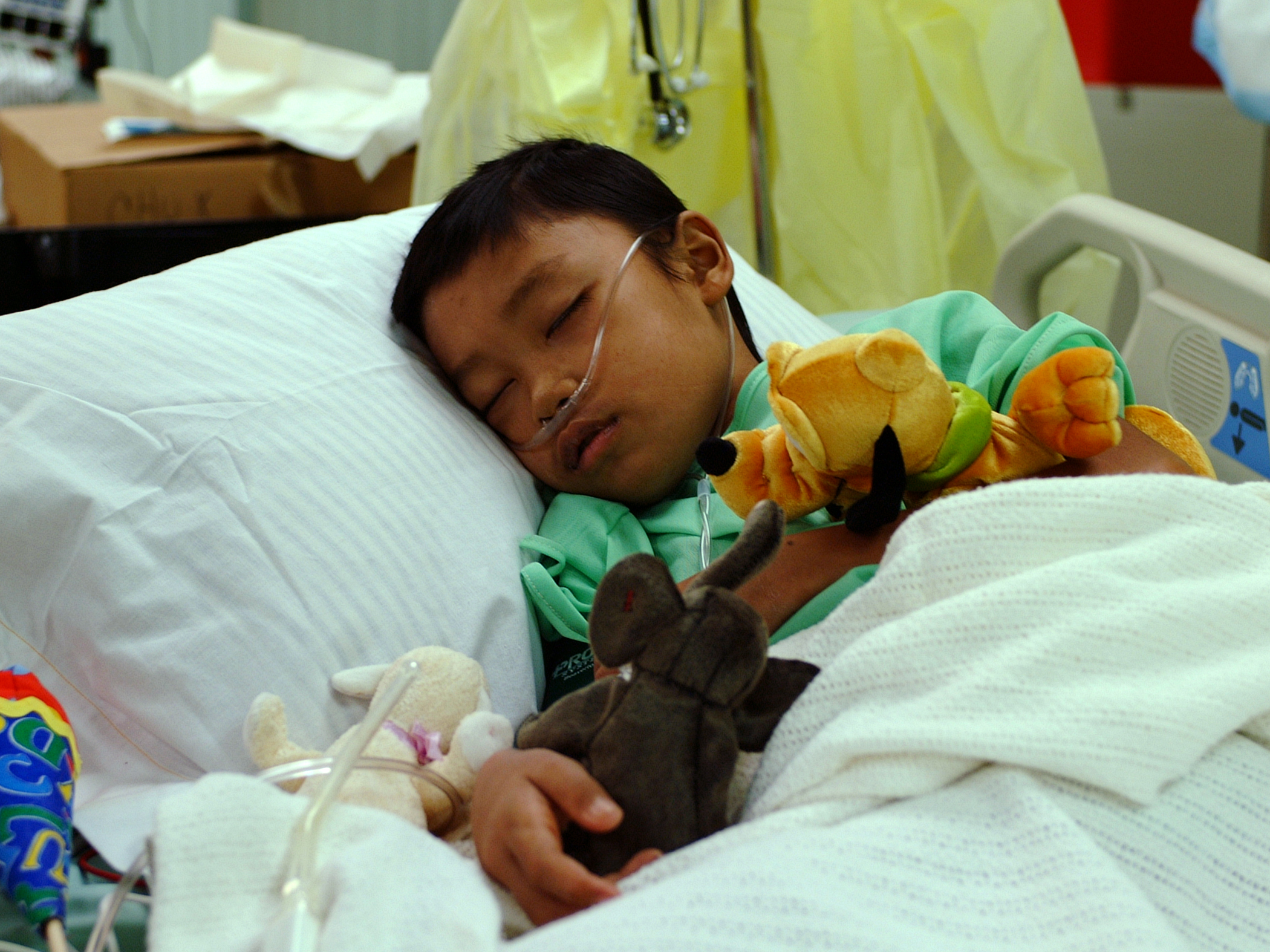 050214-N-0357S-060
Indian Ocean (Feb. 14, 2005) - An 11-year old Indonesian boy rests in a hospital bed in the Intensive Care Unit aboard the Military Sealift Command (MSC) hospital ship USNS Mercy (T-AH 19). The boy was found floating in the ocean two days after the tsunami struck his home of Banda Aceh on the island of Sumatra, Indonesia. Shortly after Mercy arrived on station off the coast of Banda Aceh, the boy was flown to the ship to receive treatment for an acute case of aspiration pneumonia. He is expected to make a full recovery. Mercy is serving as an enabling platform to assist humanitarian operations ashore in ways that host nations and international relief organization find useful. Mercy is currently off the waters of Indonesia in support of Operation Unified Assistance, the humanitarian relief effort to aid the victims of the tsunami that struck Southeast Asia. U.S. Navy photo by Journalist 1st Class Joshua Smith (RELEASED)